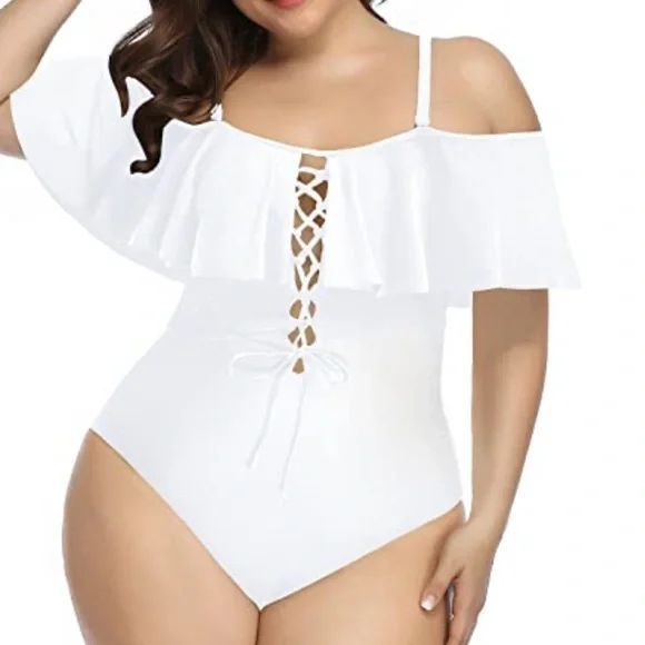 White off the shoulder one piece swimsuit - Picture 3 of 8